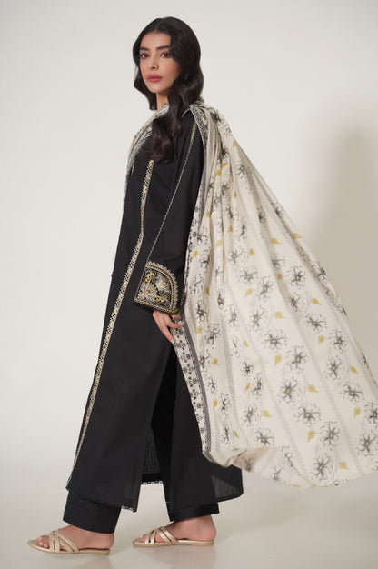 Stitched 3 Piece Embroidered Slub Cambric Suit