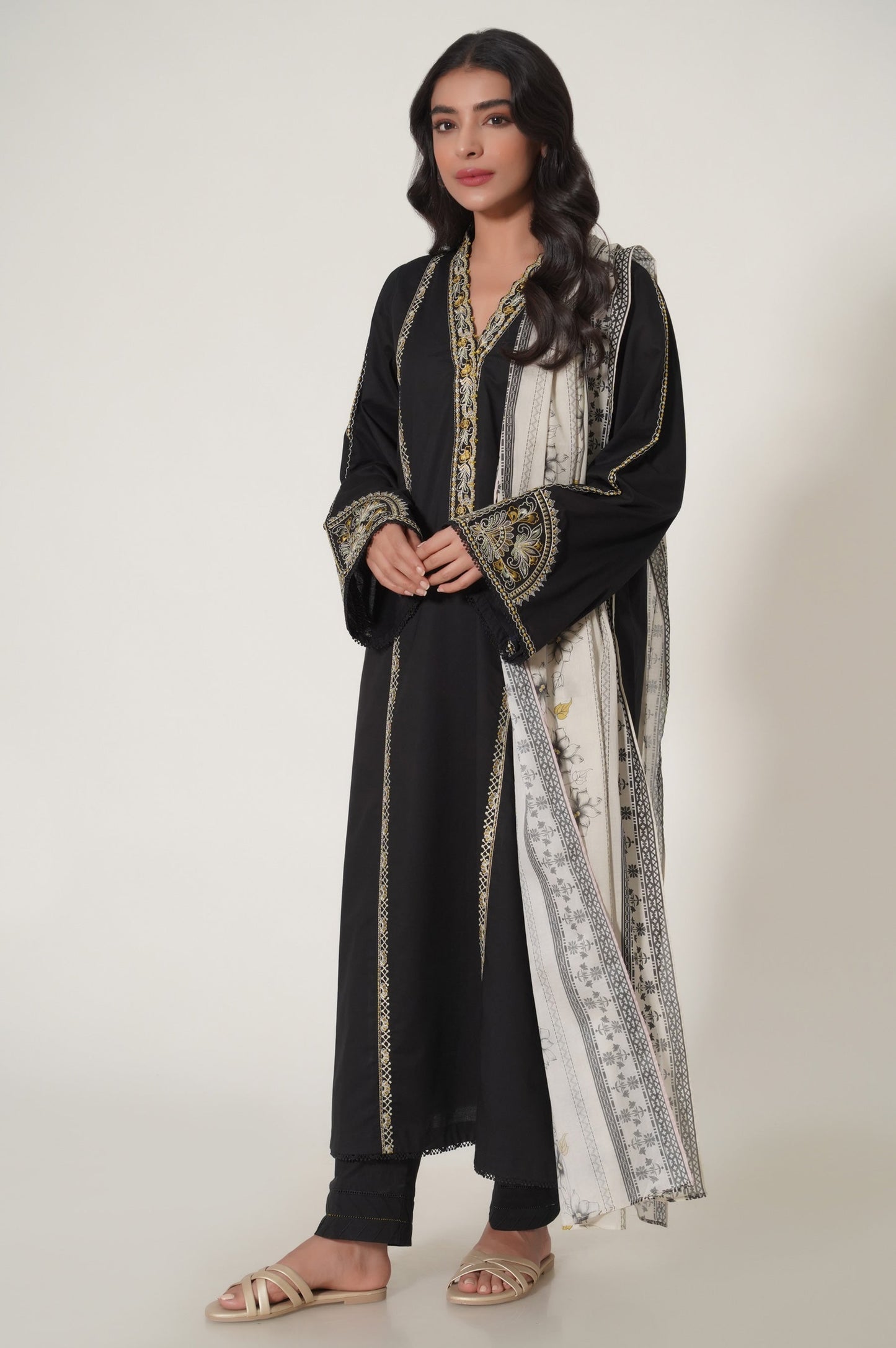 Stitched 3 Piece Embroidered Slub Cambric Suit