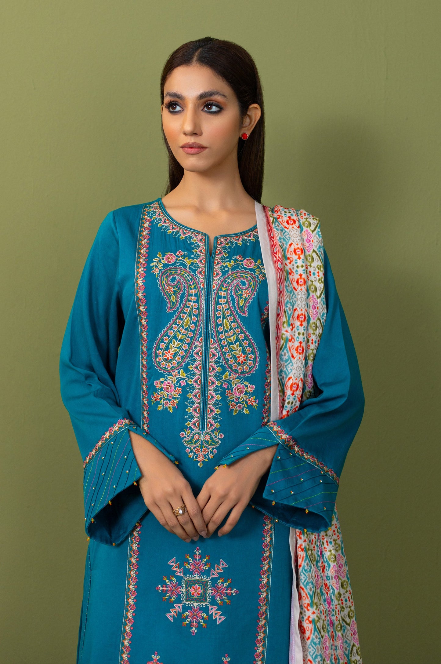 Unstitched 3 Piece Embroidered Cotton Satin Suit