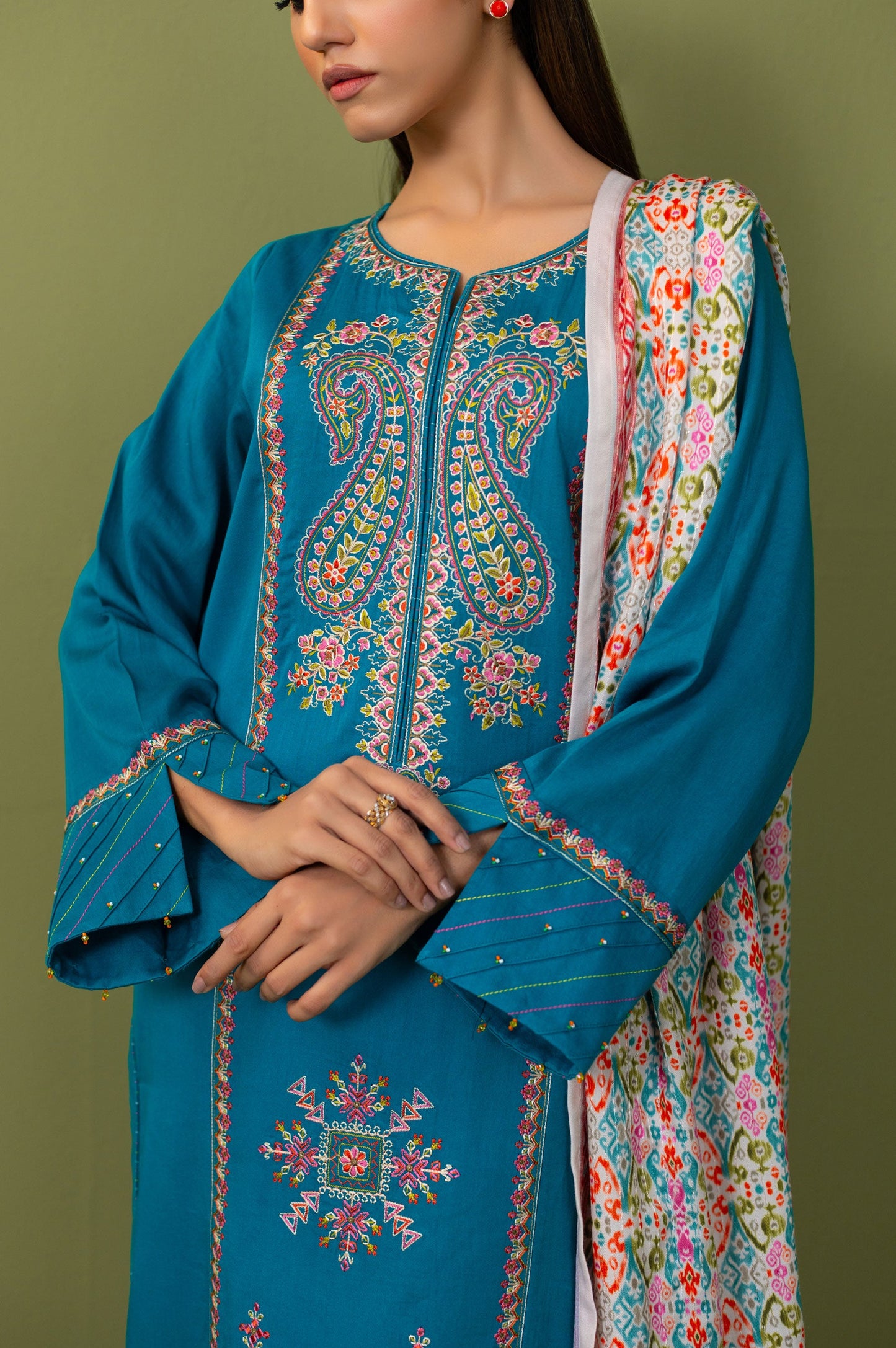 Unstitched 3 Piece Embroidered Cotton Satin Suit
