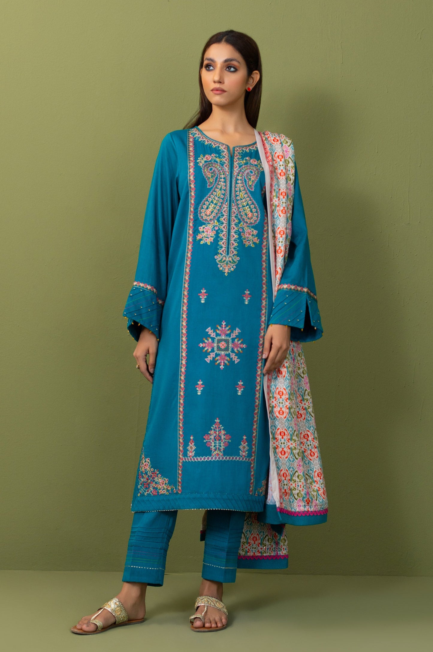 Unstitched 3 Piece Embroidered Cotton Satin Suit