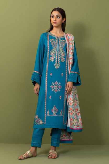 Unstitched 3 Piece Embroidered Cotton Satin Suit