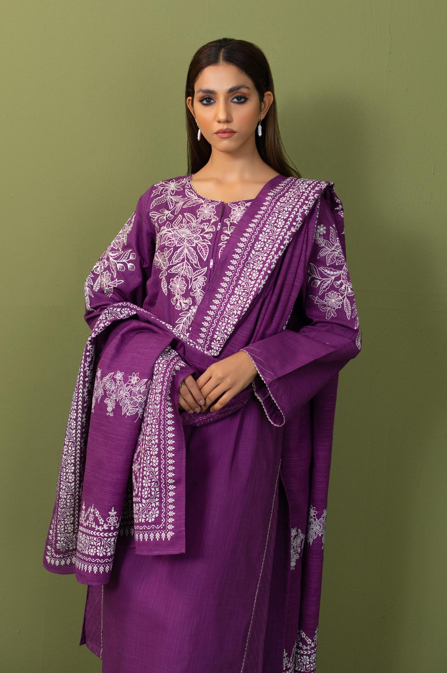 Unstitched 3 Piece Embroidered Front-Back Slub Suit