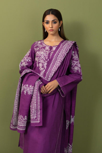 Unstitched 3 Piece Embroidered Front-Back Slub Suit