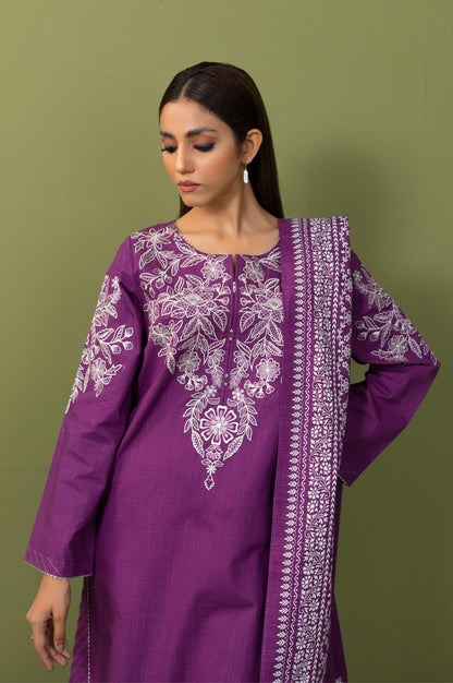 Unstitched 3 Piece Embroidered Front-Back Slub Suit
