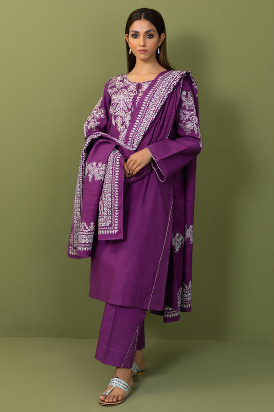 Unstitched 3 Piece Embroidered Front-Back Slub Suit