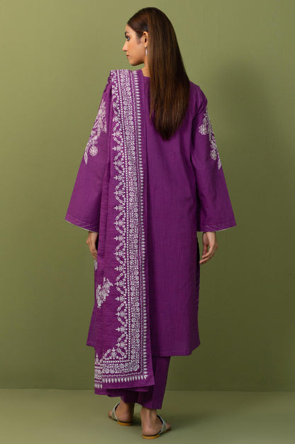 Unstitched 3 Piece Embroidered Front-Back Slub Suit