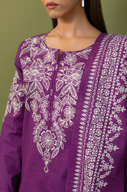 Unstitched 3 Piece Embroidered Front-Back Slub Suit