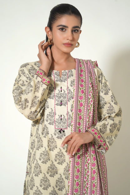 Unstitched 3 Piece Printed Khaddar Suit