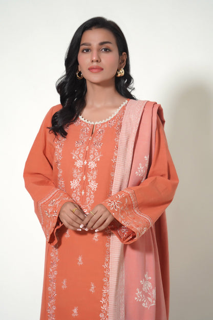 Stitched 3 Piece Embroidered Khaddar Suit