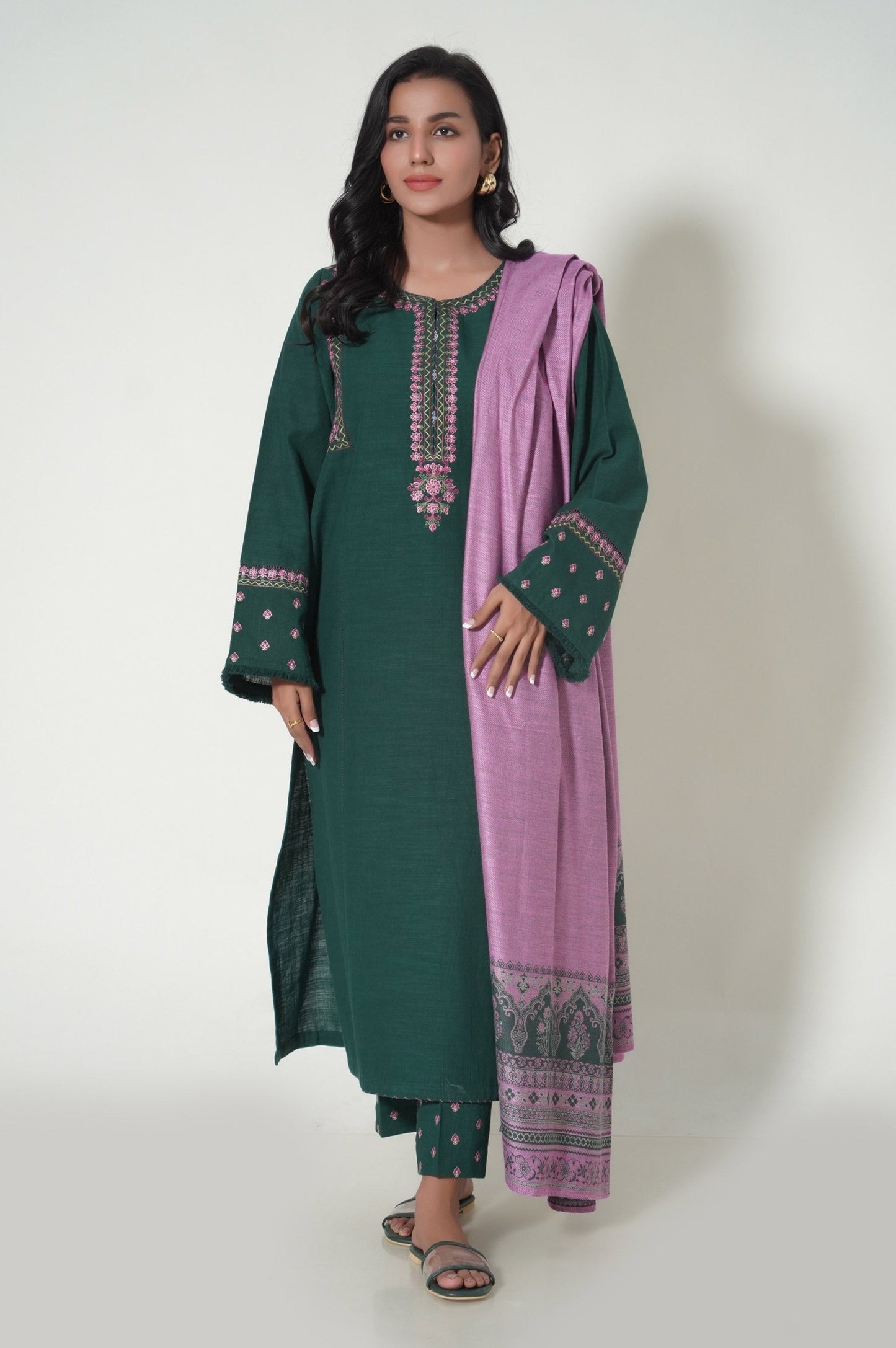 Stitched 3 Piece Embroidered Khaddar Suit
