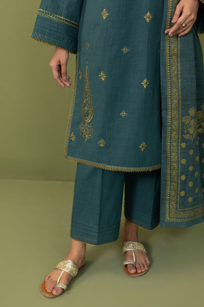 Unstitched 3 Piece Both Side Slub Embroidered Suit