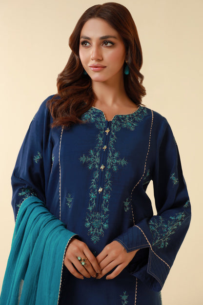 Unstitched 3 Piece Embroidered Dull Raw Silk Suit