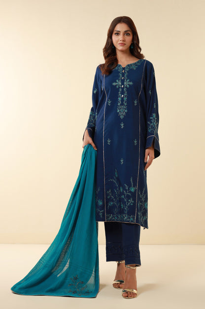 Unstitched 3 Piece Embroidered Dull Raw Silk Suit