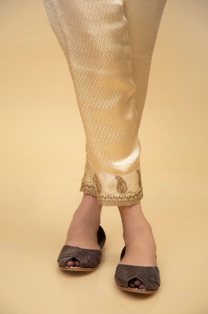 Embroidered Jamawar Cigarette Pants - Gold