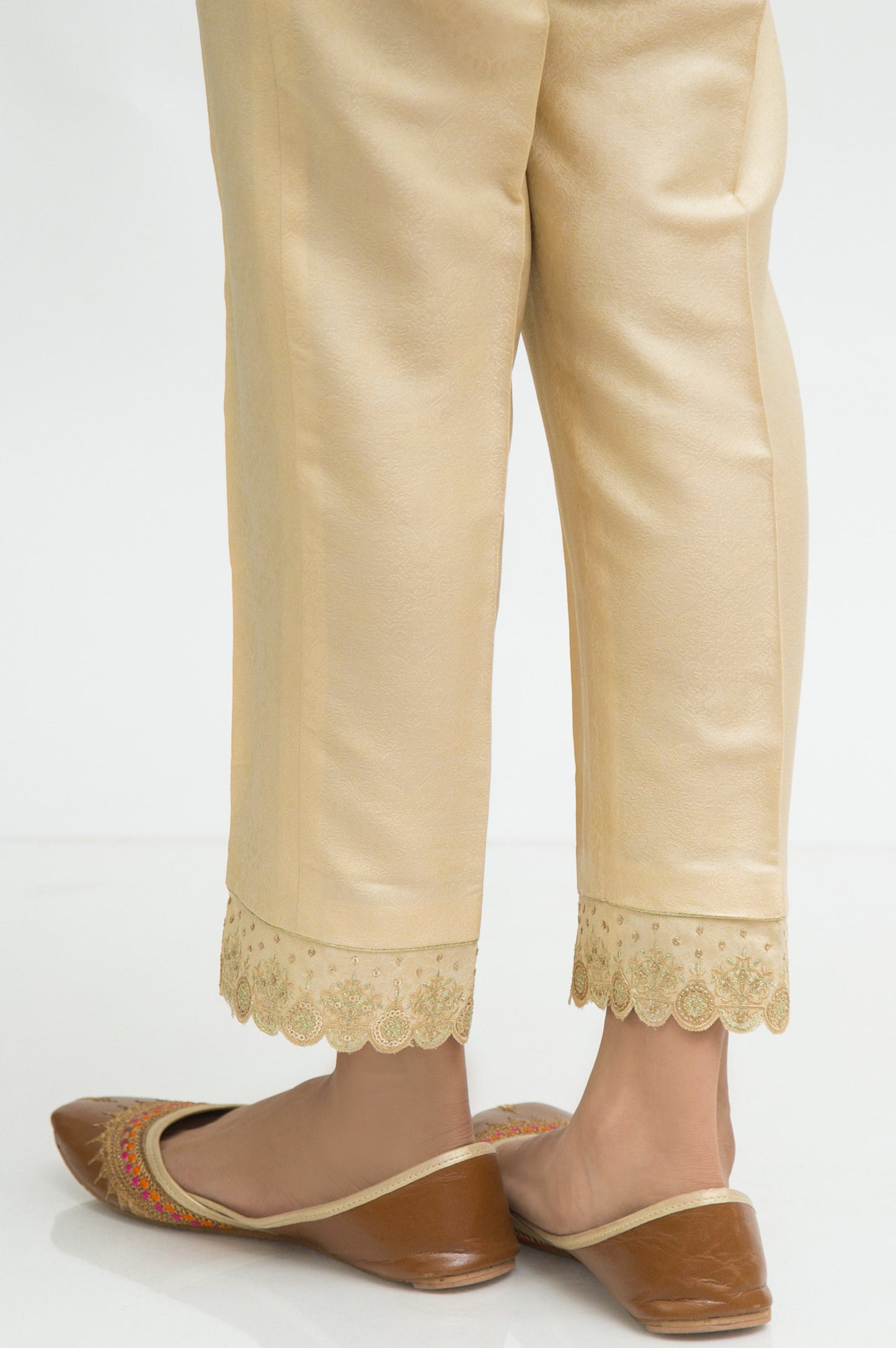 Embroidered Jamawar Cigarette Pants  - Light Beige