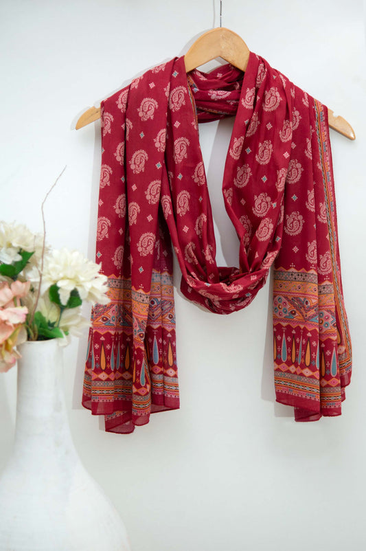 Printed Lawn Dupatta - Maroon