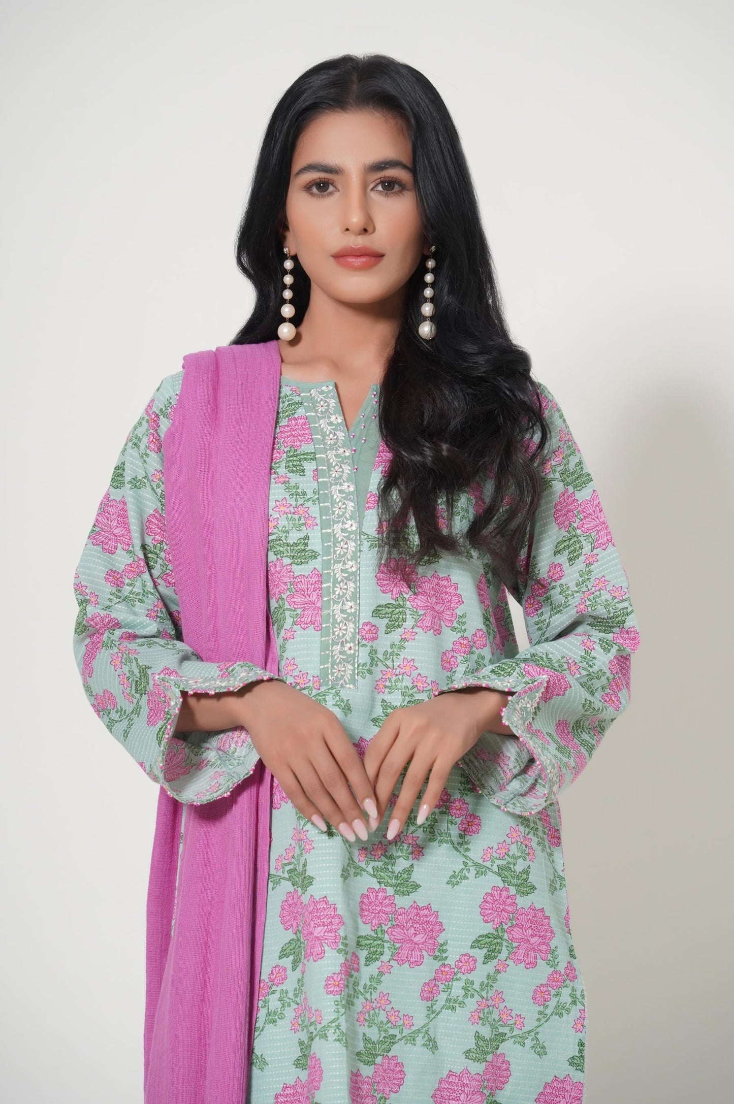 Stitched 2 Piece Printed Dobby Lawn Suit