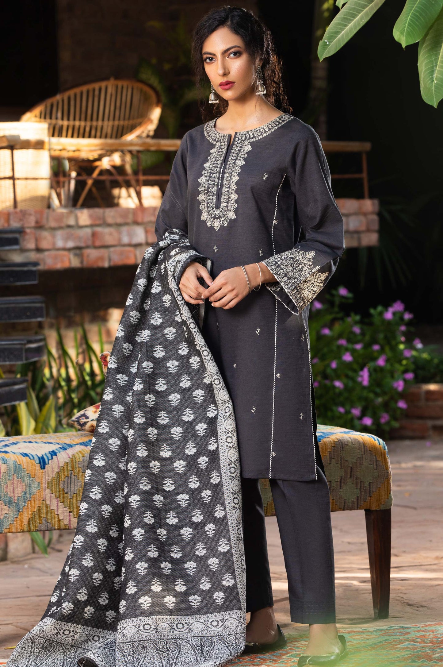 Stitched 3 Piece Embroidered Khaddar Suit