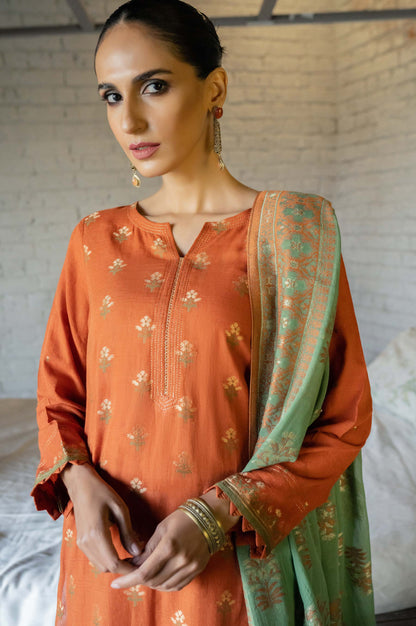 Stitched 3 Piece Jacquard Suit with Jacquard Dupatta