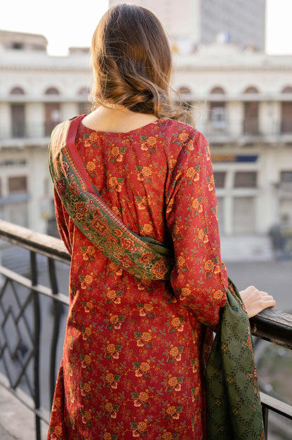 Stitched 3 Piece Embroidered Lawn Suit with Printed Lawn Dupatta