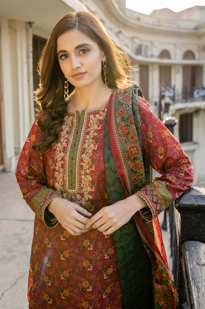 Stitched 3 Piece Embroidered Lawn Suit with Printed Lawn Dupatta