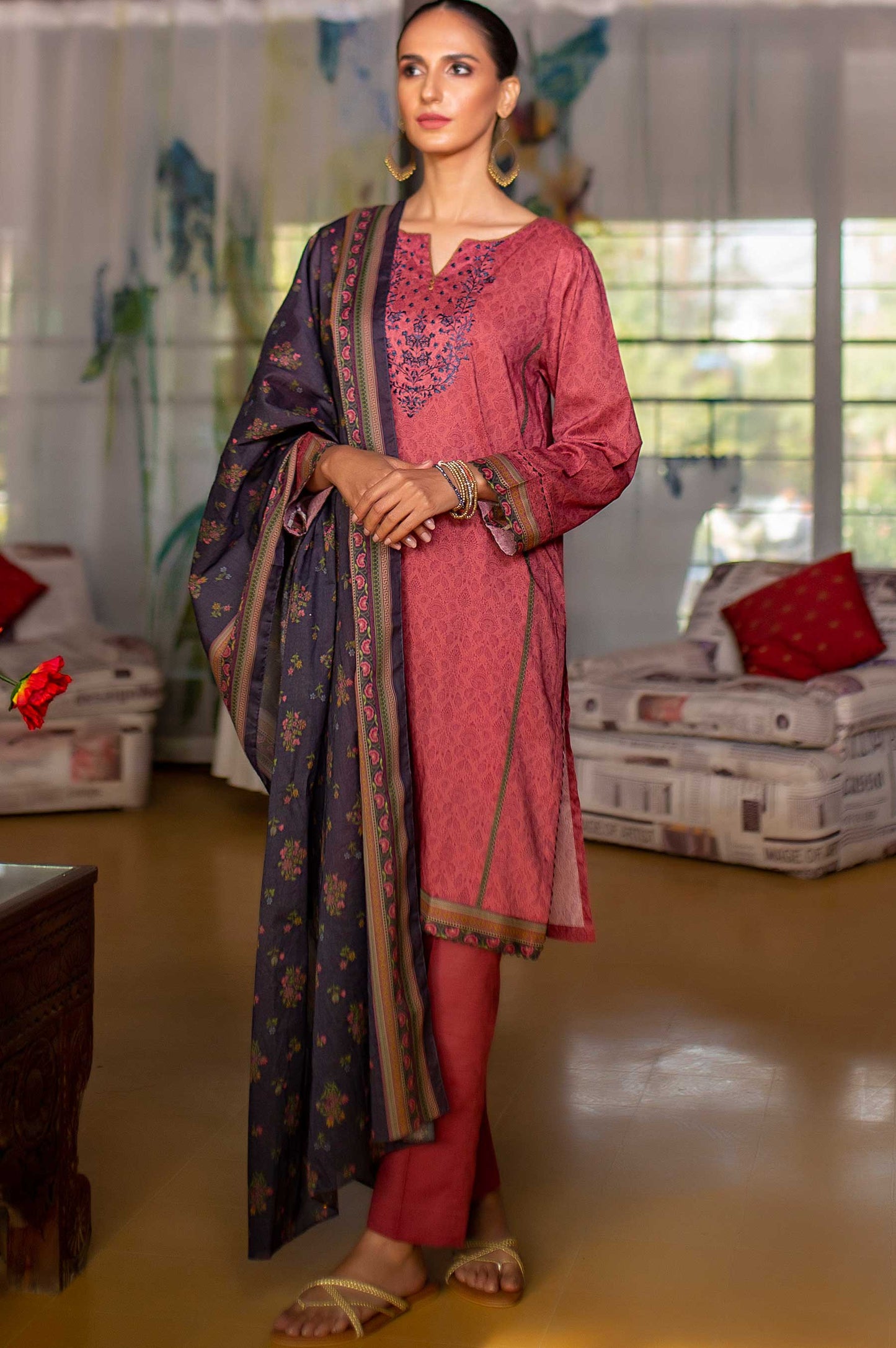 Stitched 3 Piece Embroidered Slub Lawn Suit