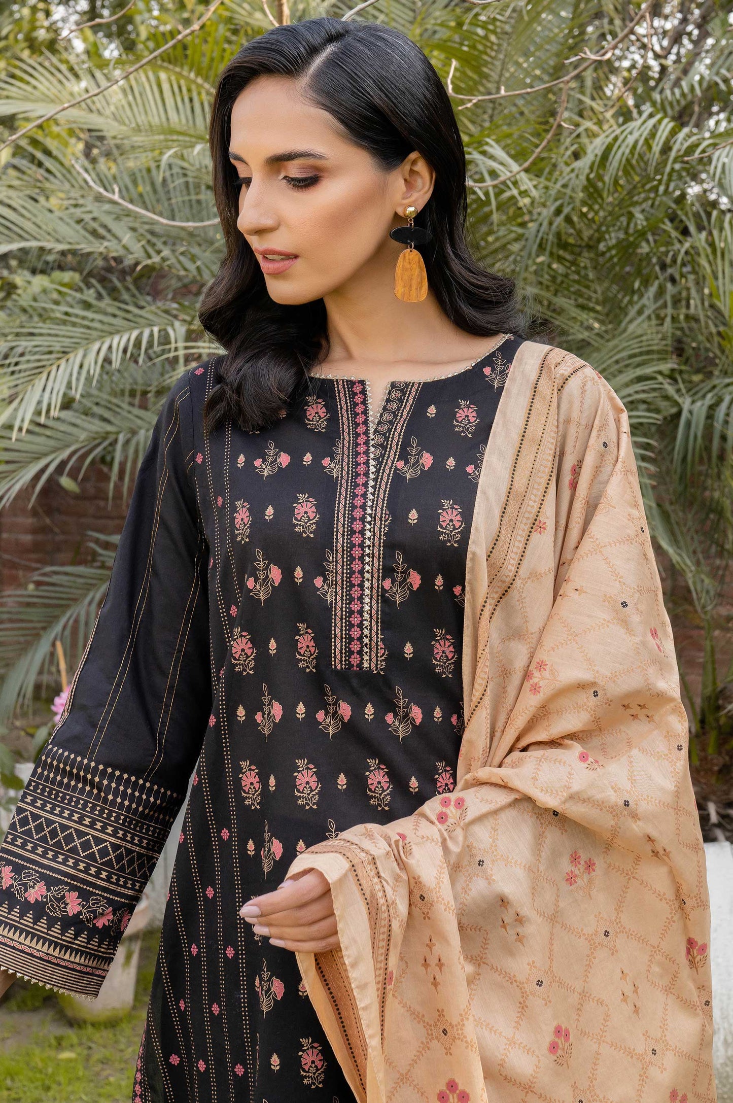 Stitched 3 Piece Printed Gold & White Paste Lawn Suit with Printed Gold & White Paste Dupatta