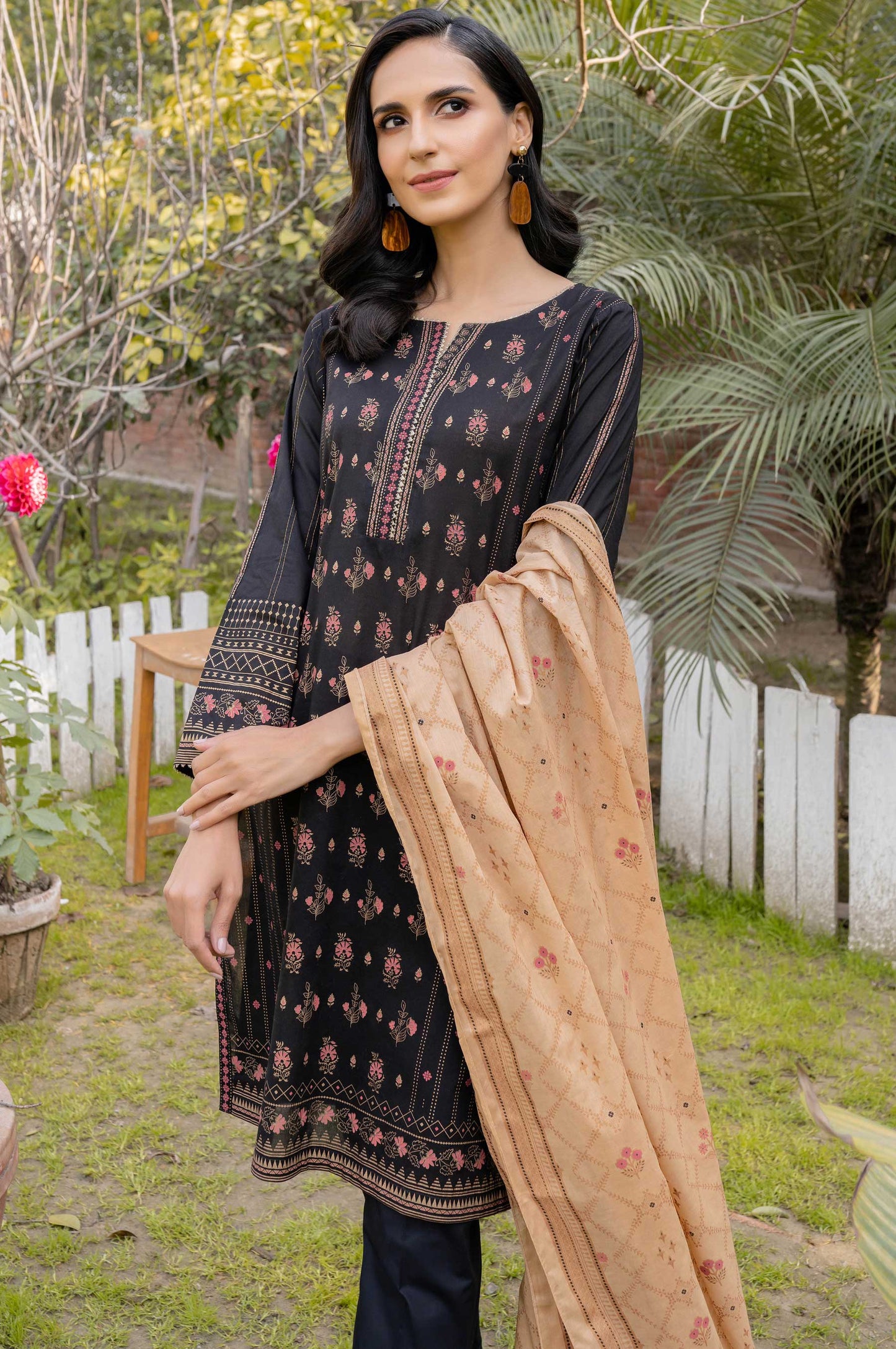 Stitched 3 Piece Printed Gold & White Paste Lawn Suit with Printed Gold & White Paste Dupatta