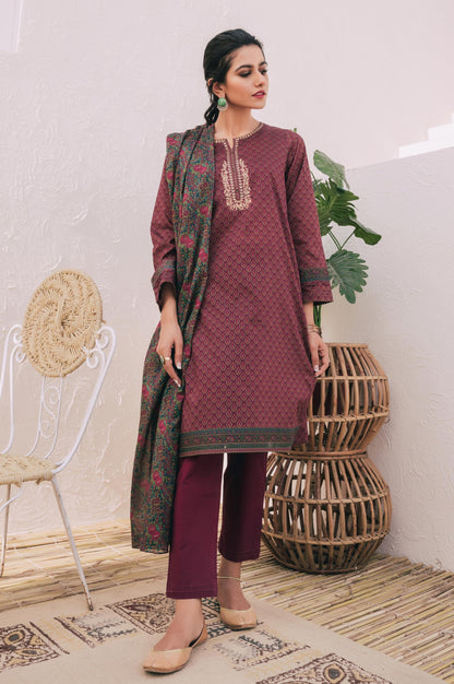 Stitched 3 Piece Embroidered Lawn Suit with Chiffon Dupatta