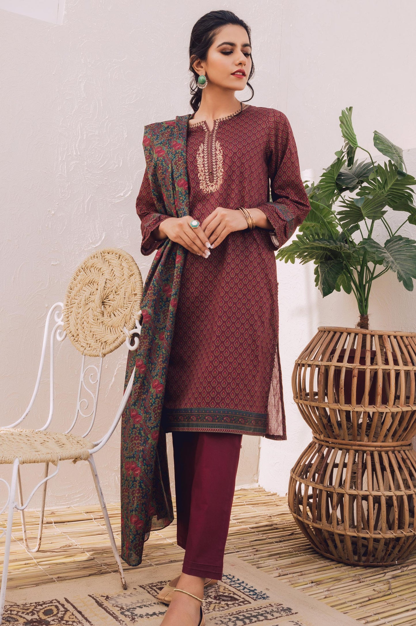 Stitched 3 Piece Embroidered Lawn Suit with Chiffon Dupatta