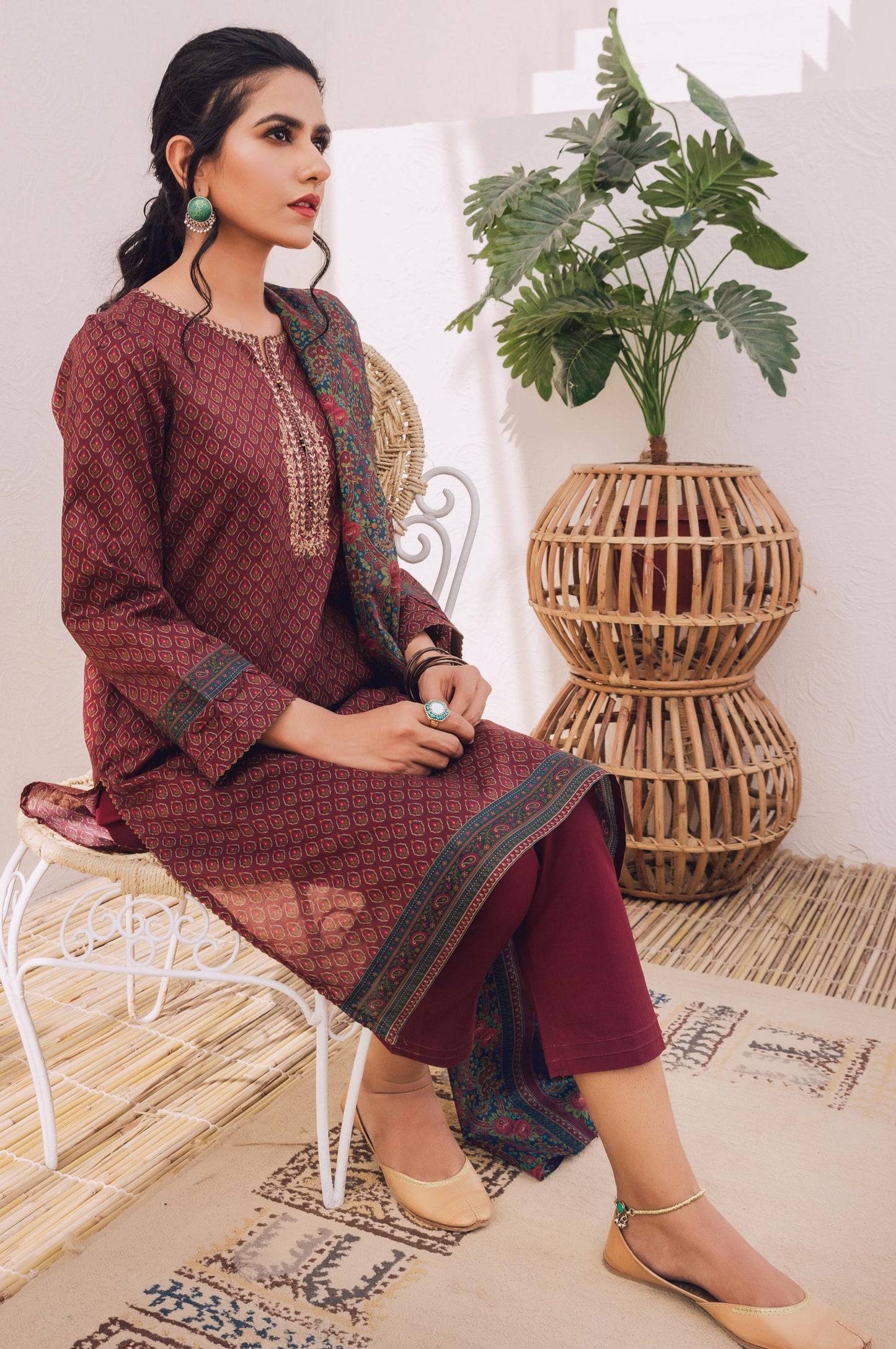 Stitched 3 Piece Embroidered Lawn Suit with Chiffon Dupatta