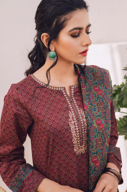 Stitched 3 Piece Embroidered Lawn Suit with Chiffon Dupatta