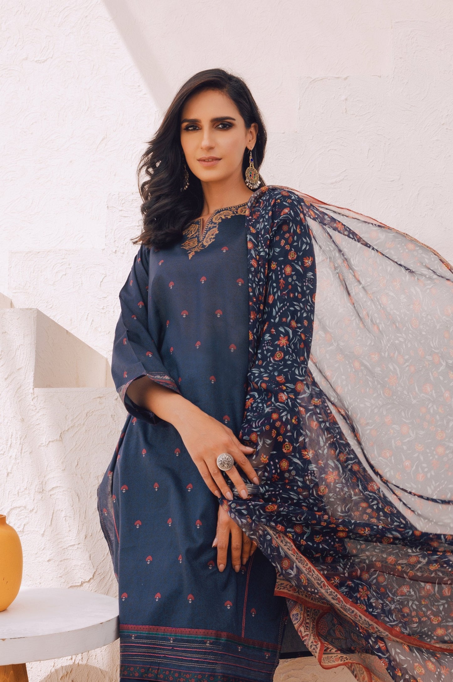 Stitched 3 Piece Embroidered Lawn Suit with Chiffon Dupatta