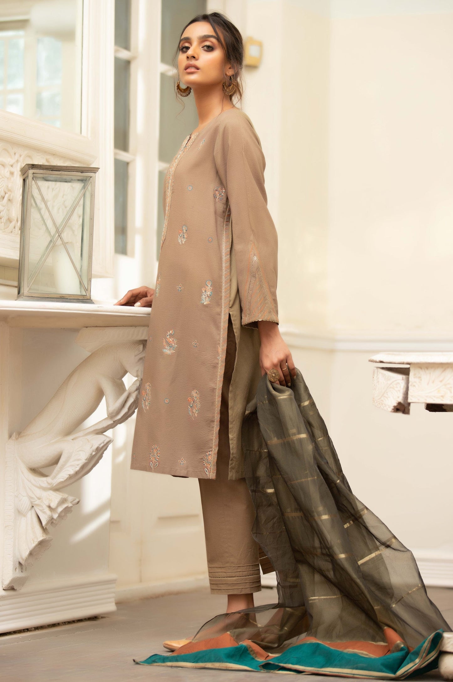 Stitched 3 Piece Embroidered Maysuri Suit with Organza Dupatta