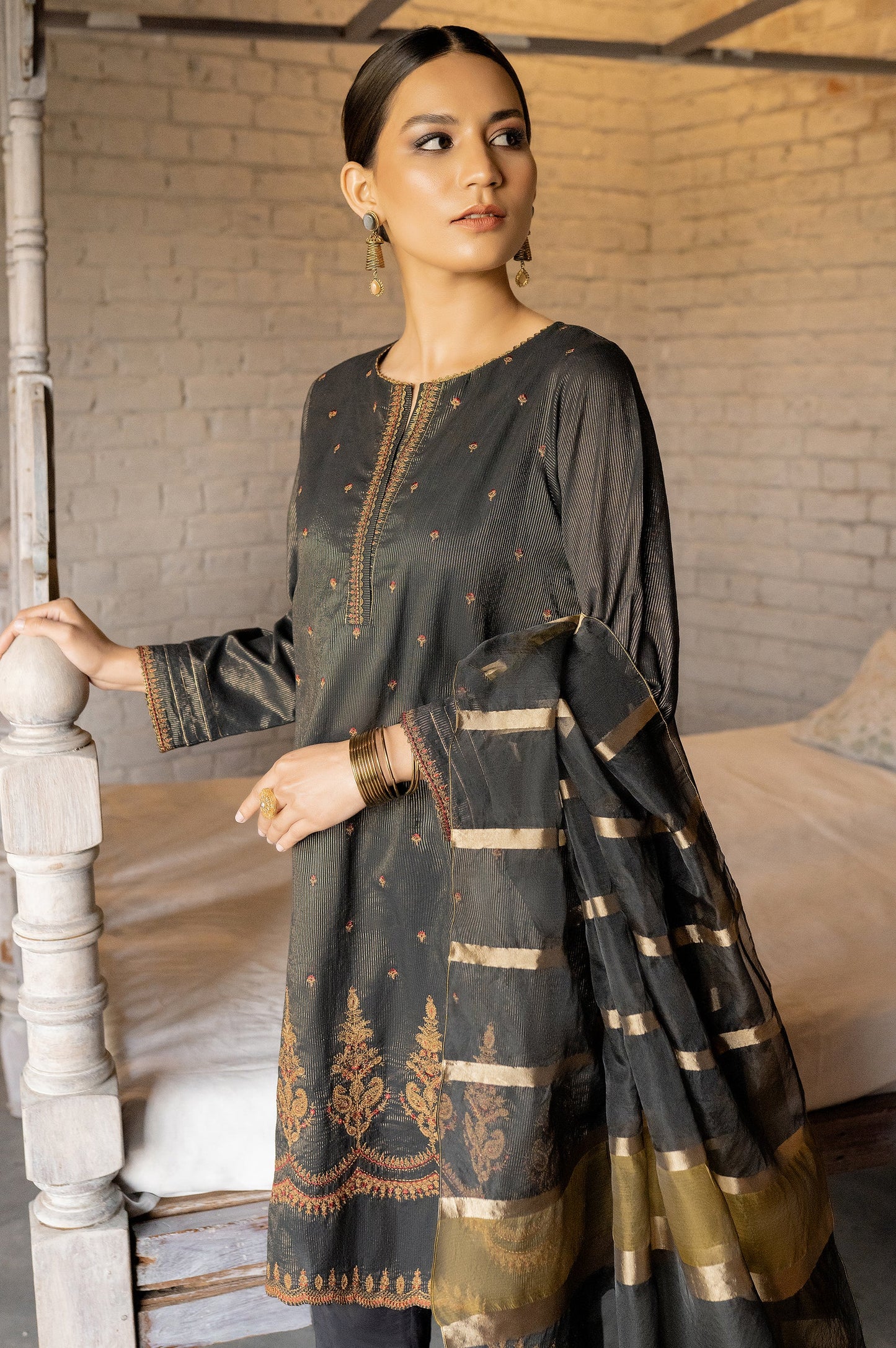 Stitched 3 Piece Embroidered Maysuri Suit with Shaded Organza Dupatta