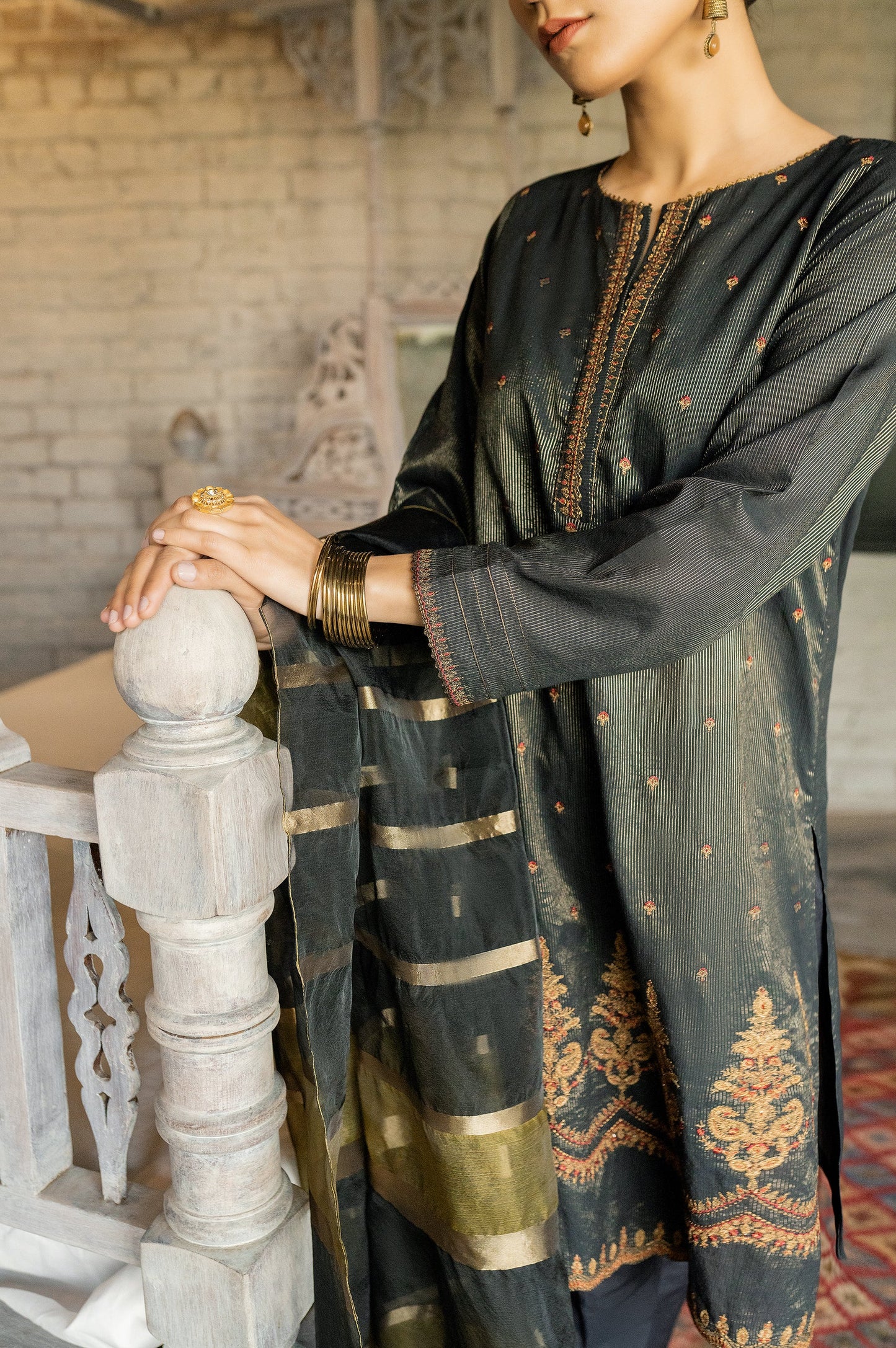 Stitched 3 Piece Embroidered Maysuri Suit with Shaded Organza Dupatta