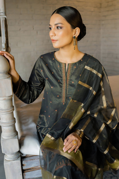 Stitched 3 Piece Embroidered Maysuri Suit with Shaded Organza Dupatta