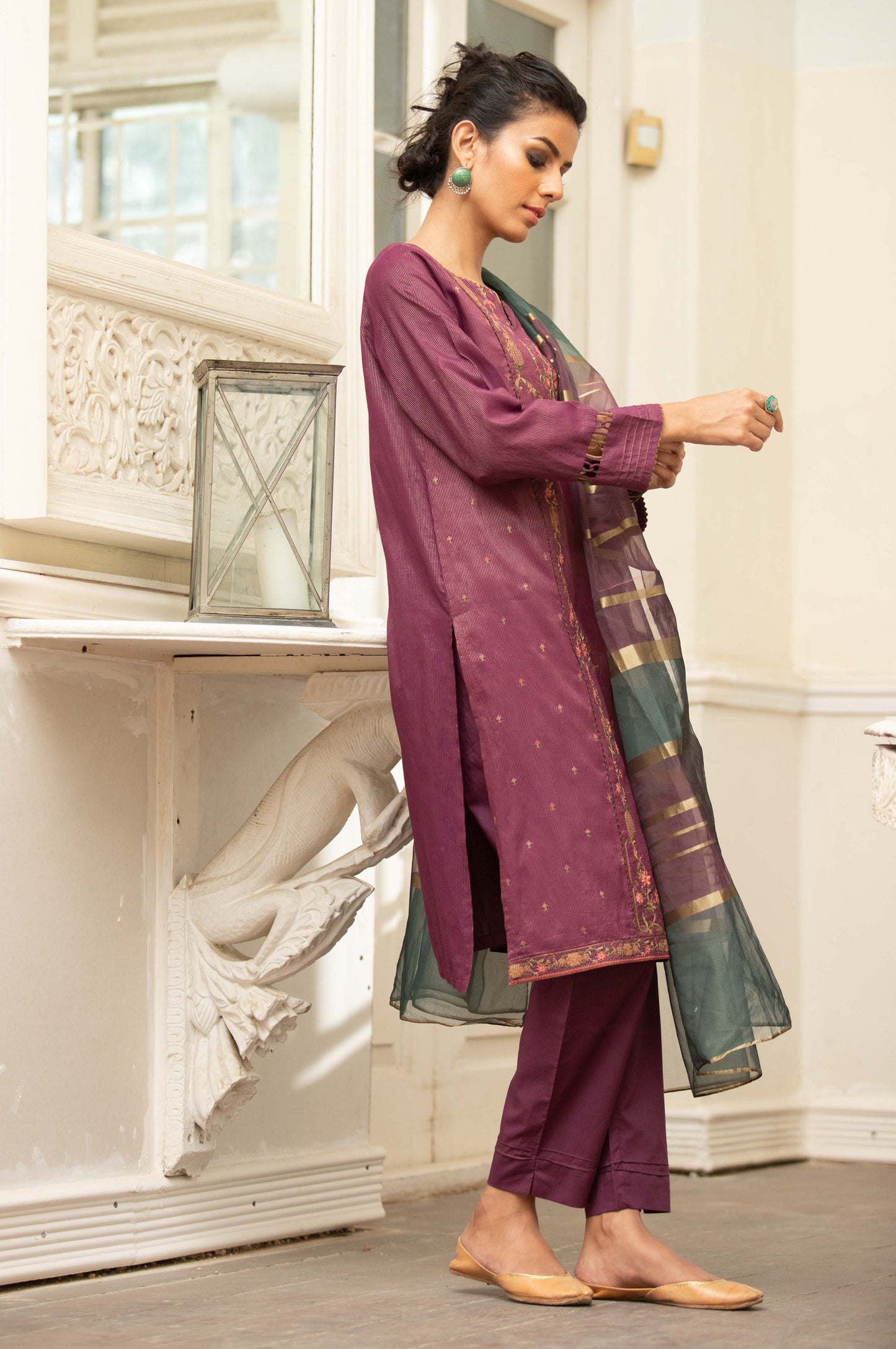 Stitched 3 Piece Embroidered Maysuri Suit With Organza Dupatta
