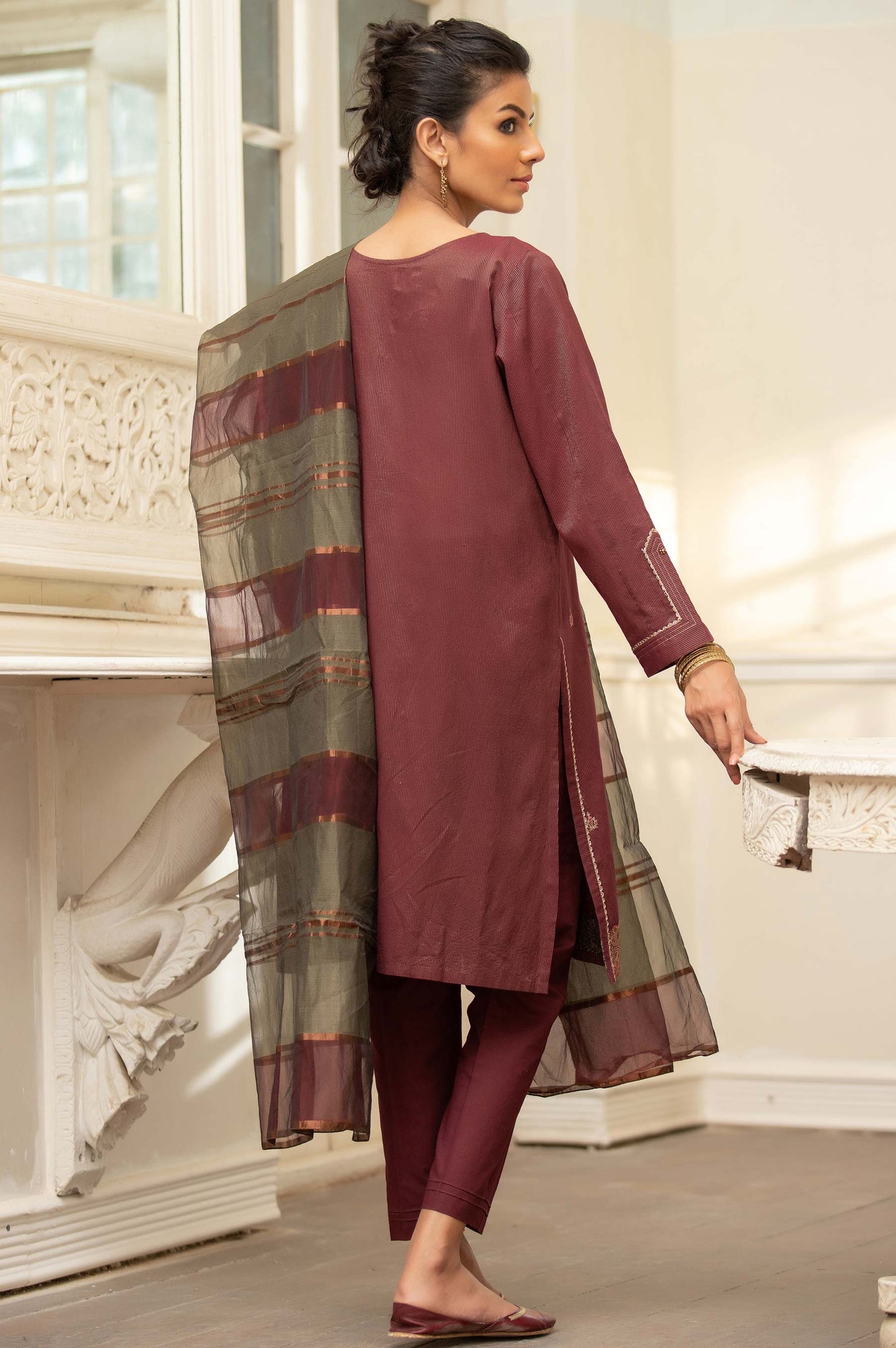 Stitched 3 Piece Embroidered Maysuri Suit With Organza Dupatta