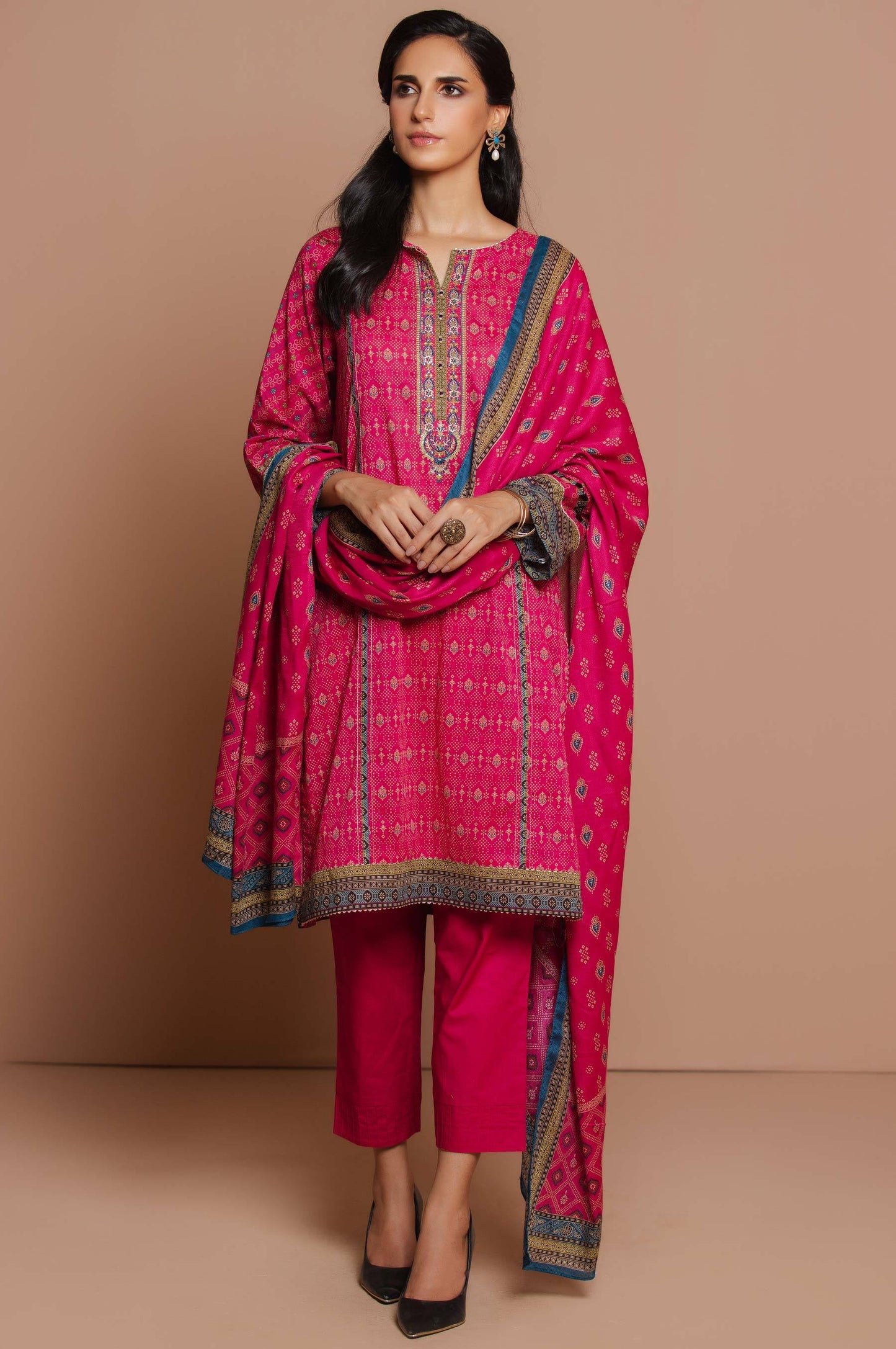 Stitched 3 Piece Embroidered Lawn with Cotton Net Suit