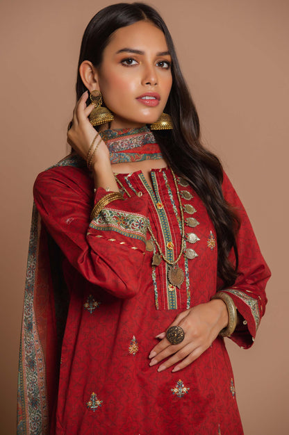 Stitched 3 Piece Embroidered Lawn with polyester chiffon Suit