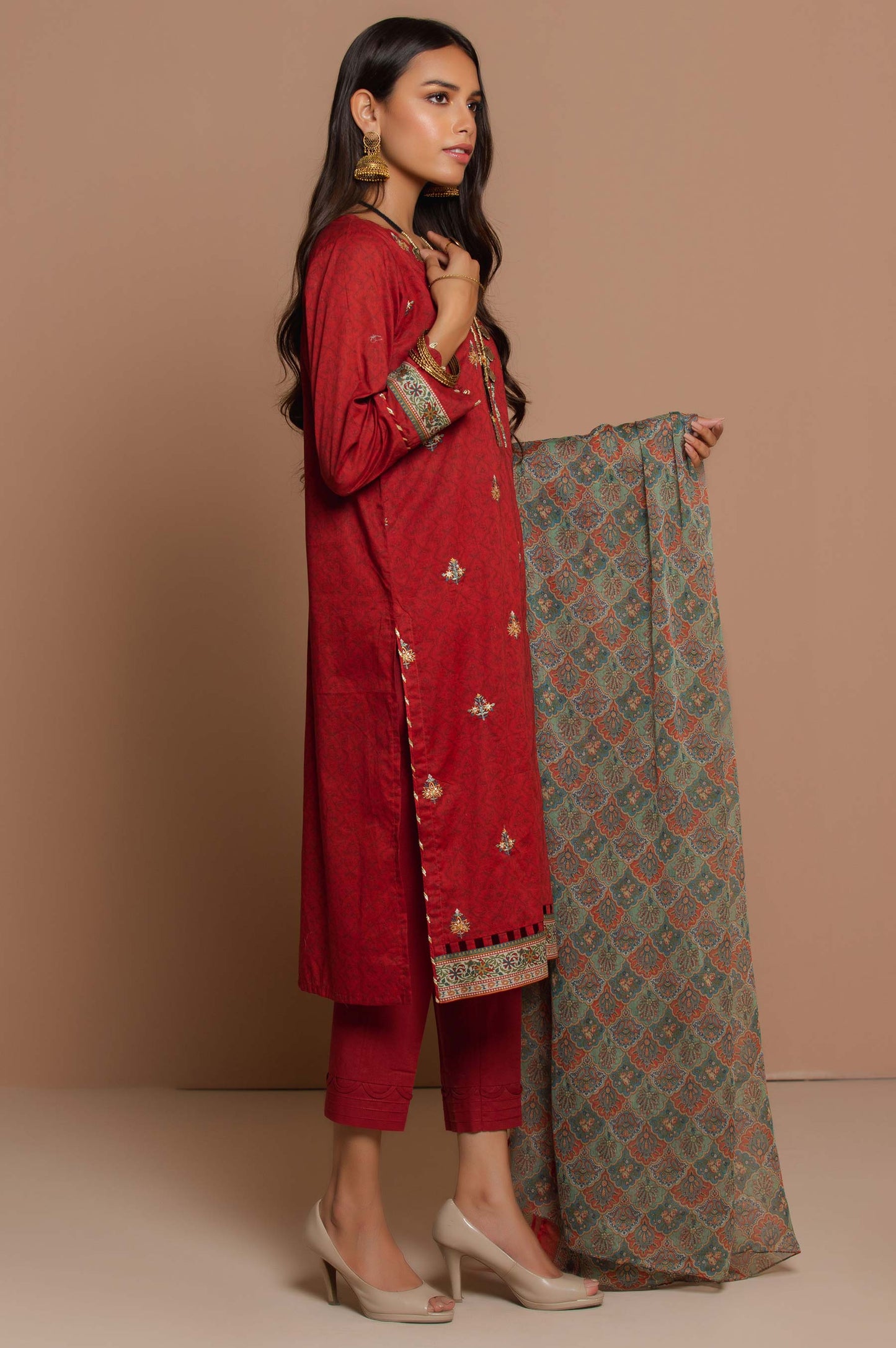 Stitched 3 Piece Embroidered Lawn with polyester chiffon Suit