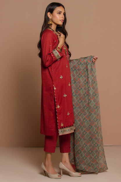 Stitched 3 Piece Embroidered Lawn with polyester chiffon Suit