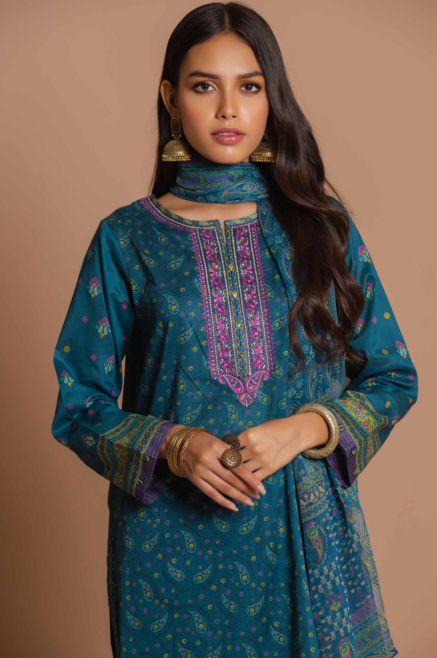 Stitched 3 Piece Embroidered Lawn with polyester chiffon Suit