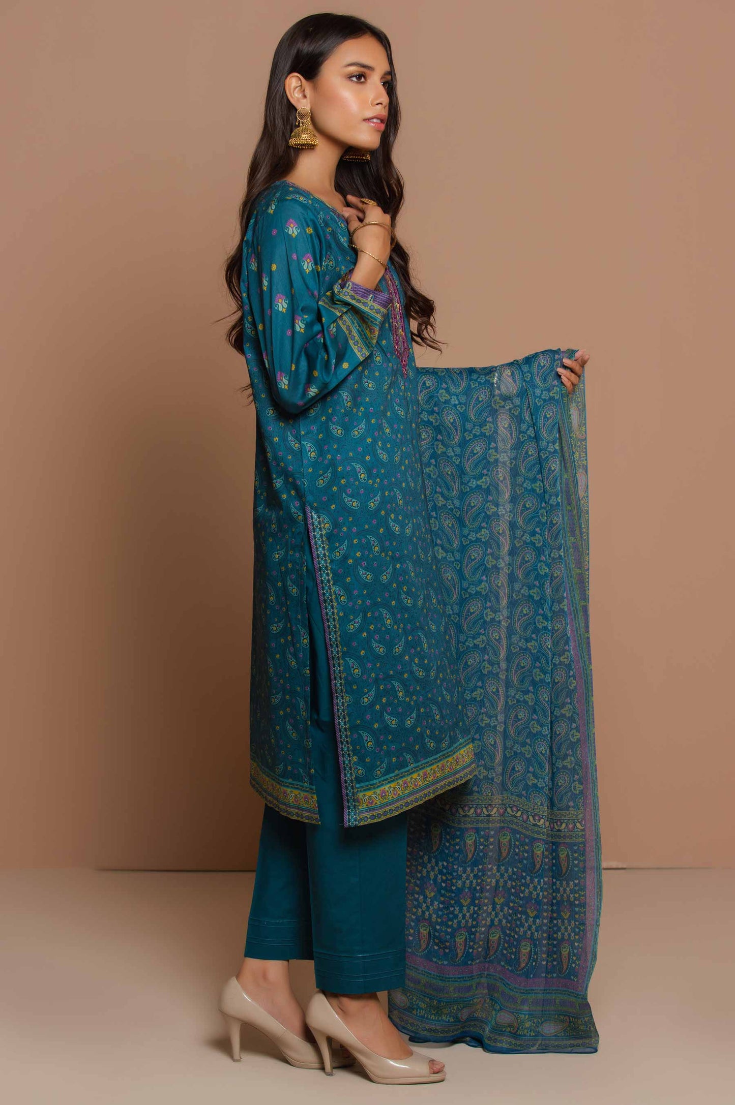 Stitched 3 Piece Embroidered Lawn with polyester chiffon Suit