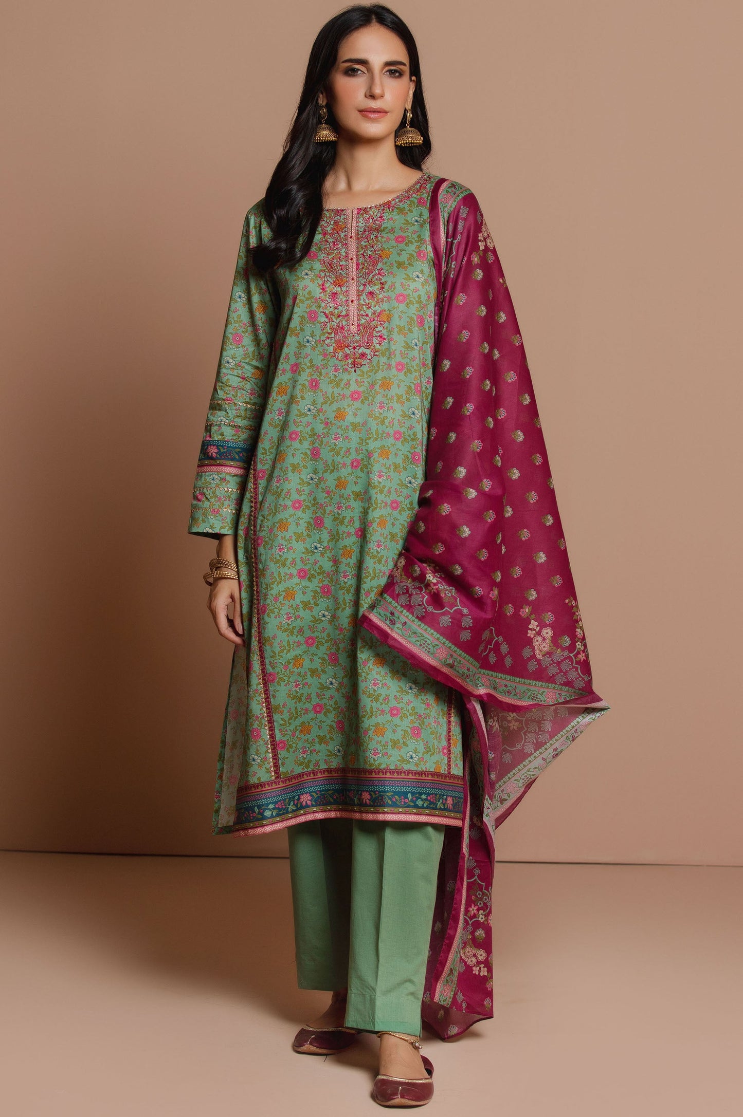 Stitched 3 Piece Embroidered Slub Lawn Suit
