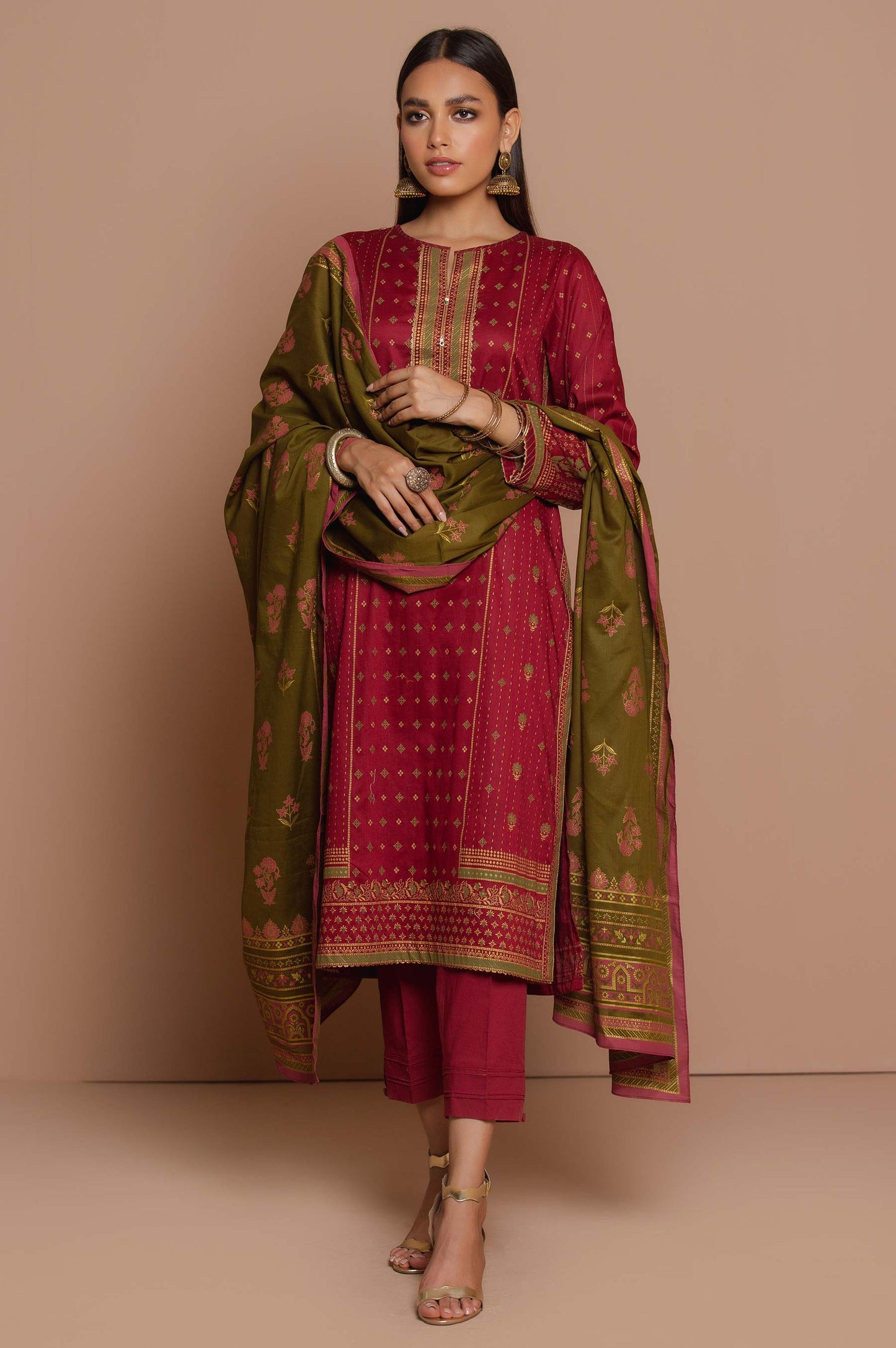 Stitched 3 Piece Printed Gold & Colored Paste Lawn Suit