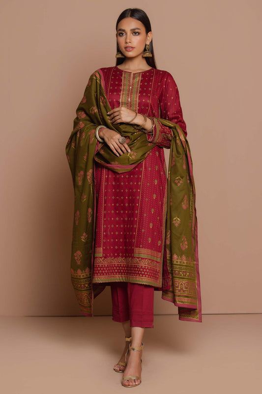 Stitched 3 Piece Printed Gold & Colored Paste Lawn Suit
