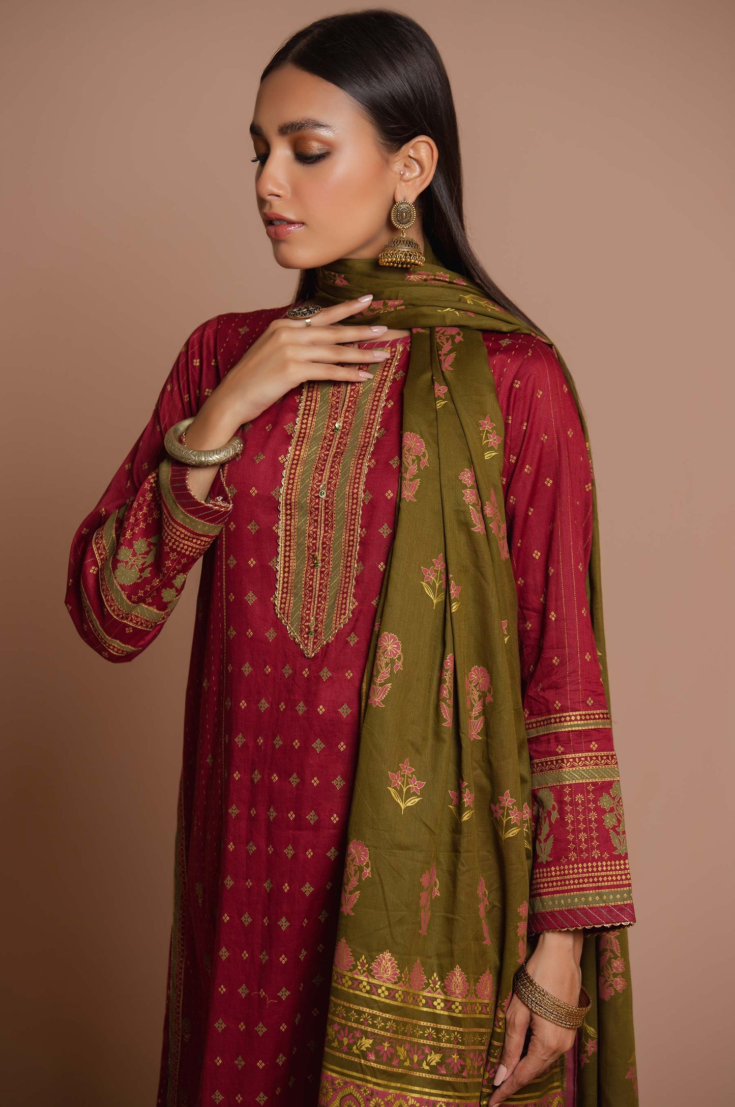 Stitched 3 Piece Printed Gold & Colored Paste Lawn Suit